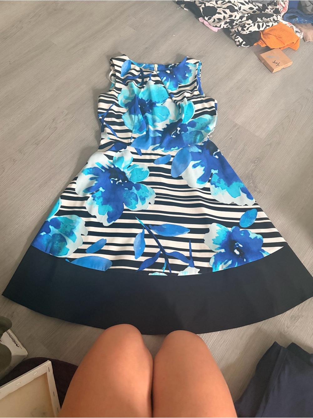 Signature Blue Floral Stripe Fit & Flare Dress